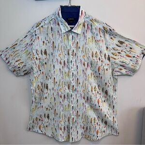 BUGATCHI 100% LINEN SHORT SLEEVE SHIRT FISH PATTERN  RESORT WEAR MENS XXL